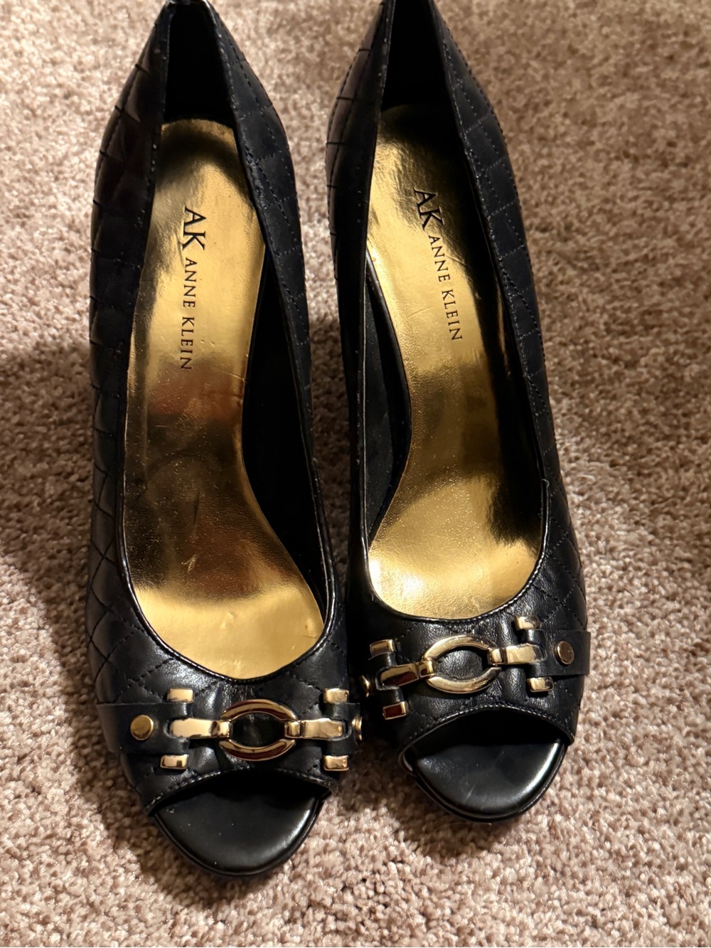 Anne Klein Black Peep-Toe Pumps with Gold Chain Detail